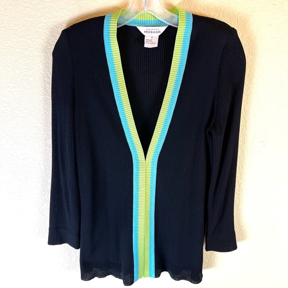 Exclusively Misook Black Green/Blue Trim Long Sleeve Cardigan Sz S - Picture 12 of 12